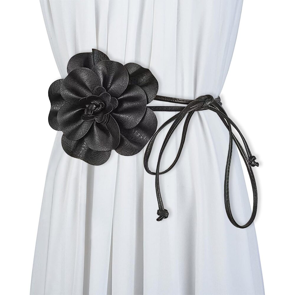 3549 Women Boho Pu Leather Big Flower Waist Belt Dresses Tie Bow Band